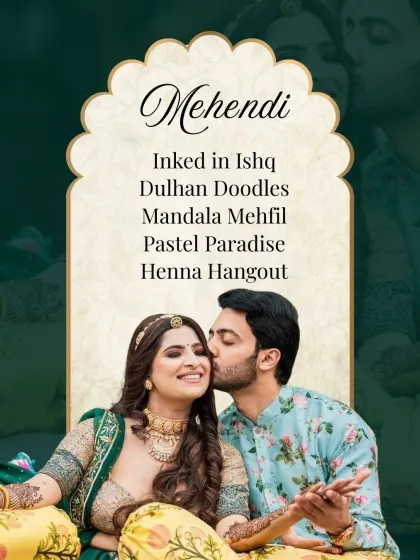 A cute couple moment at their Mehendi. I help brainstorm creative names for your functions like 'Inked in Ishq' or 'Pastel Paradise' to build excitement.