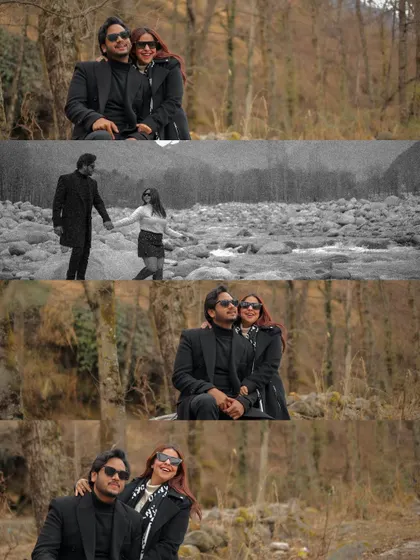 A creative collage blending color and black-and-white shots from a post-wedding shoot by a river in Manali.