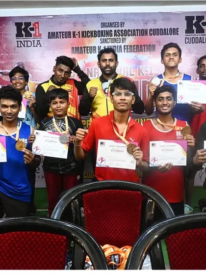 Our team of fighters with their haul of medals from the K1 National Kickboxing Championship in Cuddalore. We bagged 8 gold, 5 silver, and 2 bronze medals.