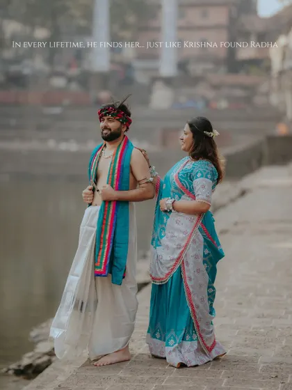 A love story for the ages, inspired by the divine romance of Radha and Krishna. This themed pre-wedding shoot at a riverside ghat brings a timeless, spiritual elegance to your modern love story.