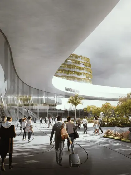The sweeping curves of the station's entrance create a sense of movement and direction, guiding passengers into the building.