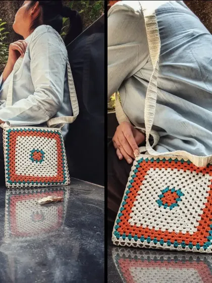 Our retro-inspired granny square sling bag is perfect for when you need something small and stylish. The vibrant color combination makes it a fun accessory for a casual outing or a coffee date.