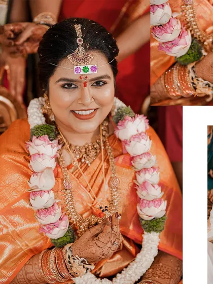 A collage celebrating a North-meets-South love story, with a focus on the bride's beautiful smile.