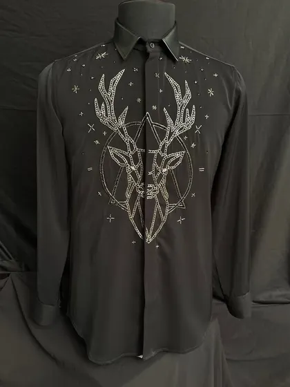 The black version of my geometric stag shirt. The silver metallic embroidery stands out dramatically against the dark fabric, creating a powerful and mystical look.