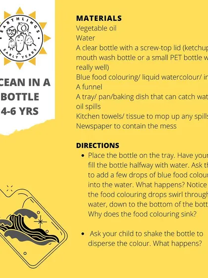 A closer look at our "Ocean in a Bottle" STEAM project. The activity involves precise actions like pouring and funneling, which helps develop fine motor skills while teaching basic scientific concepts in a hands-on way.