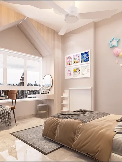 This minimal European-style kids' room features a charming window desk and sweet ice cream cone wall decor.
