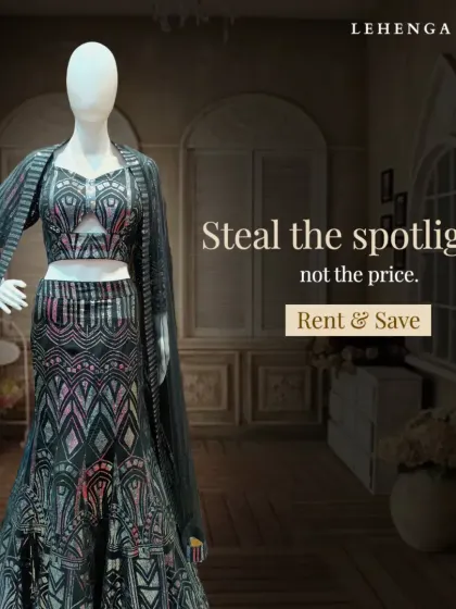 Steal the spotlight, not the price. This black and silver geometric-patterned lehenga is a bold and modern statement piece from our rental collection.