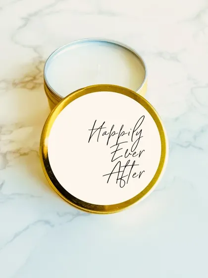 My "Happily Ever After" tin candles are a wonderful, breakage-free option for wedding favors. They are easy to transport and can be customized with your own unique label design.