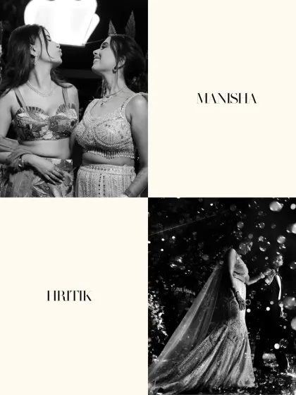 A stylish collage from a Sangeet night, featuring portraits of the couple and a heartwarming shot of the bride with her mother.