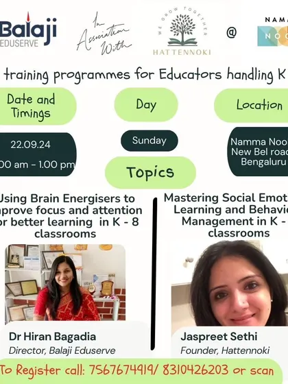 A flyer for two training programs for K-8 educators, co-hosted with Balaji Eduserve. We cover topics like brain energizers and social-emotional learning to improve classroom management.