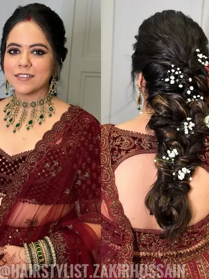 A collage showing a bride with a textured side braid adorned with baby's breath. This is a lovely choice for a wedding ceremony or reception.