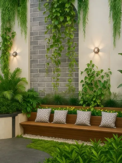 A 3D render of a serene seating nook, with a wooden bench set against a wall of cascading plants and climbing vines.