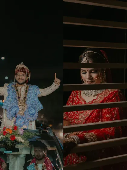 A creative diptych showing the groom's celebratory baraat entrance and a quiet, contemplative portrait of the bride.