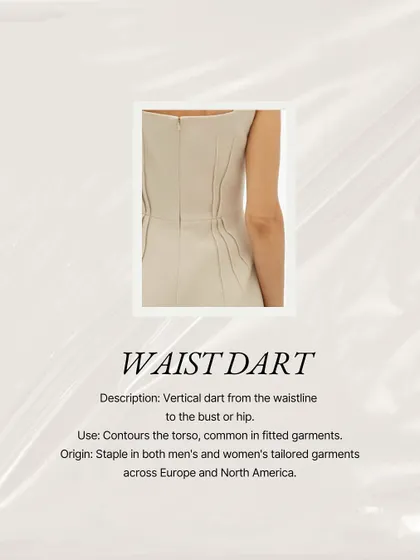 The waist dart is a go-to in fitted designs. It's a vertical dart running from the waistline up to the bust or down to the hip, beautifully contouring the torso.