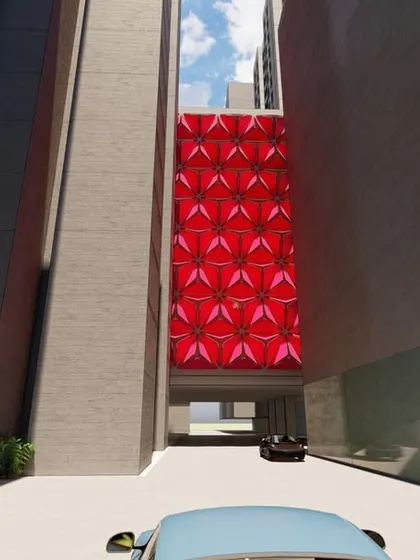 This facade experiment explores a vibrant red geometric pattern. These ideation studies are crucial for pushing the boundaries of conventional design and discovering unique architectural expressions for our projects.