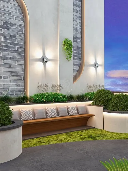 A render of a built-in bench on the same terrace, surrounded by curved planters and set against a beautiful architectural wall.