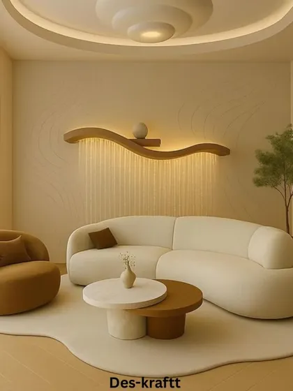 This living room concept is all about soft curves and organic shapes, from the serpentine sofa to the pebble-like coffee tables, creating a gentle and calming environment.