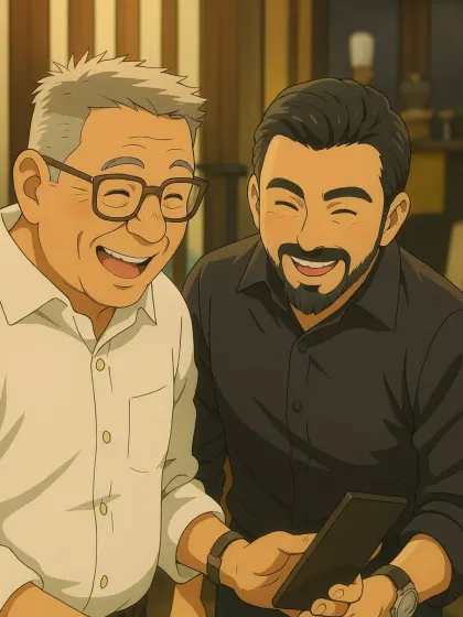 A heartwarming, anime-style depiction of our founder and director sharing a happy moment. This artwork captures the family spirit and joy that is at the heart of our brand.