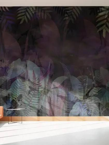 A moody and atmospheric tropical wallpaper with dark, rich tones of purple and green. This design is perfect for creating a sophisticated and dramatic lounge area or feature wall.