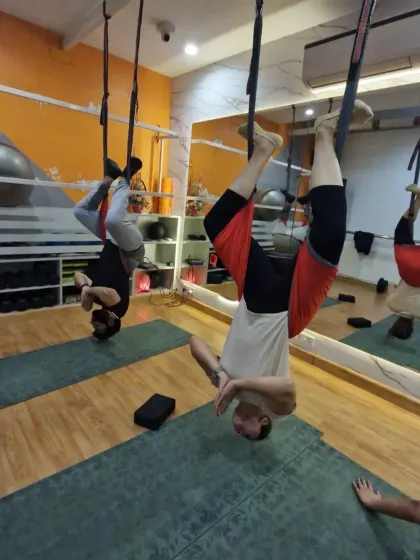 Getting a new perspective on fitness. This inverted aerial pose is not only a great core workout but also helps to relieve pressure on the spine and improve blood flow.