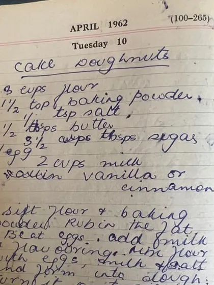 A recipe for 'cake doughnuts' from April 1962. It's amazing to see how recipes, and handwriting, travel through time.