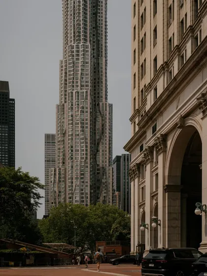 The contrast between the modern, undulating facade of the 8 Spruce Street tower and classical architecture in downtown New York. My city photography often explores these architectural dialogues.