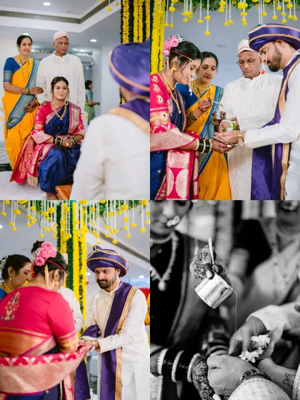 A collage showing various rituals from a traditional Maharashtrian wedding.