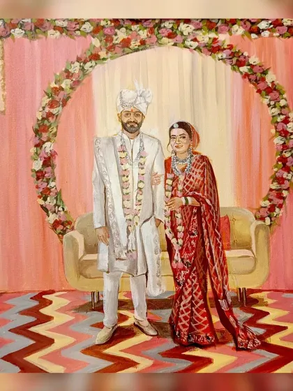 This piece, painted live in Civil Lines, New Delhi, features a modern circular floral arch. I made sure to capture the unique chevron pattern on the floor to make the memory even more specific and personal.