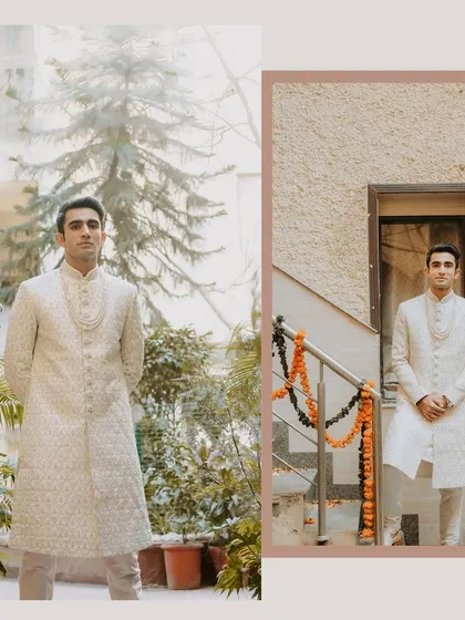 Stylish portraits of the groom in his white sherwani, taken in a natural, outdoor setting. These shots highlight his regal attire and calm demeanor before the ceremony.