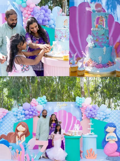 More moments from the mermaid party, including the cake cutting and a family portrait against the beautiful under-the-sea backdrop.