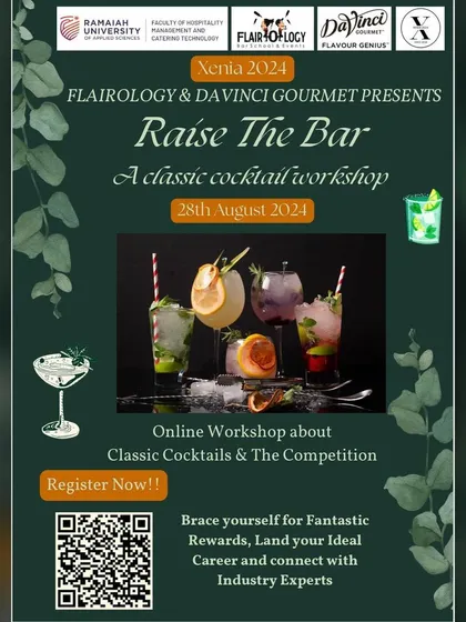 The official poster for our "Raise The Bar" online workshop, presented with Xenia 2024 and DaVinci Gourmet. We connect students with industry experts and create pathways to fantastic rewards and careers.