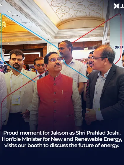 A proud moment at the IECE as Shri Prahlad Joshi, Hon'ble Minister for New and Renewable Energy, visits our booth. We discussed the future of energy and our role in advancing renewable solutions across India.