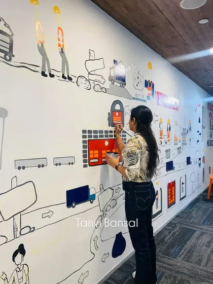 Here I am, adding color and detail to the RHI Magnesita mural. It's always amazing to see how a few lines and shades can start building a world on a plain wall.