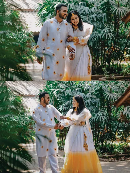A collage of the couple's Haldi portraits. Dressed in coordinated white and yellow outfits, they look happy and relaxed as they walk through the gardens, ready for the fun to begin.