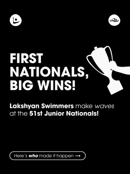 "First Nationals, Big Wins!" This graphic celebrates the remarkable debut of our swimmers at the 51st Junior Nationals.