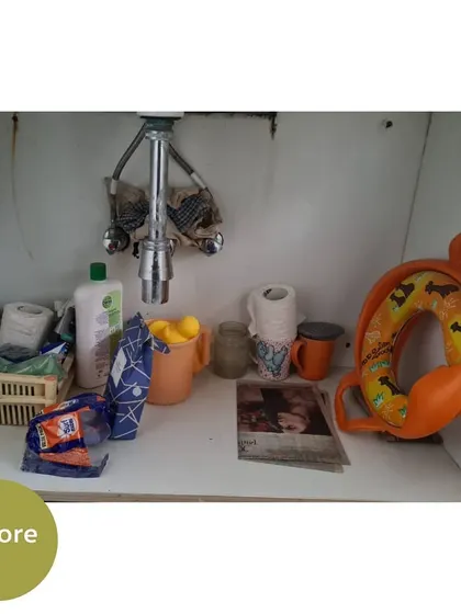 The dreaded under-sink cabinet. This "before" shot shows a mix of cleaning supplies, toilet paper, and other items with no organization.