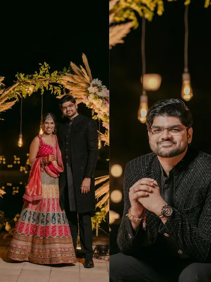 A diptych showing the couple's portrait and a solo shot of the groom, both looking sharp and happy during their reception.