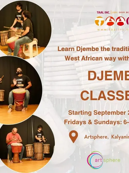 Our Djembe classes at Artsphere in Kalyani Nagar offer a structured way to learn traditional West African drumming. This poster gives you a glimpse into our student ensemble performances.