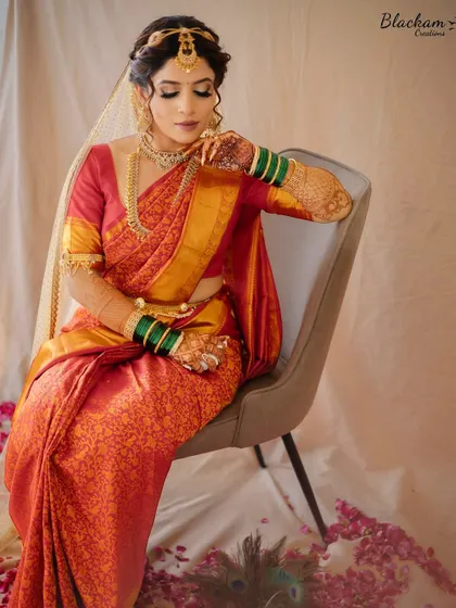 A stunning portrait of my morning bride, Manali. The complete South Indian bridal look, with the intricate hairstyle and jewelry, is simply breathtaking.