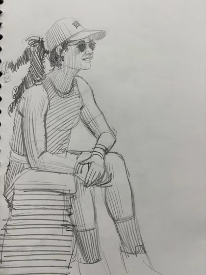 A sketch of a woman in a cap and sunglasses, a study in drawing modern accessories.
