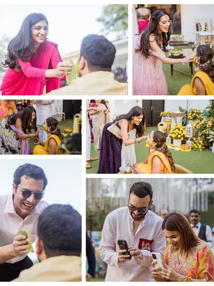 A collage showing guests participating in the Haldi rituals. It captures the community aspect of the celebration, with everyone sharing in the joy.