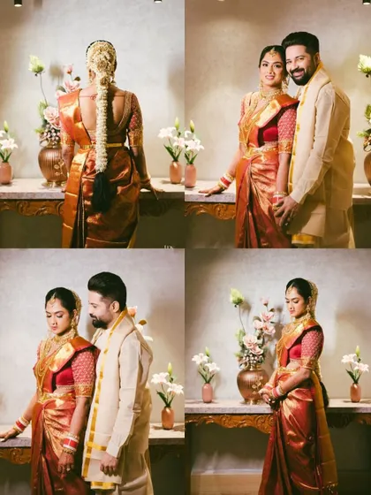 A collage of classic portraits of the couple in their traditional South Indian wedding attire. These images showcase their elegance from different angles.
