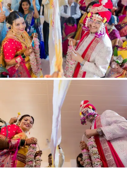 A collage of the fun and playful antarpat ritual, where the cloth separating the bride and groom is lowered.