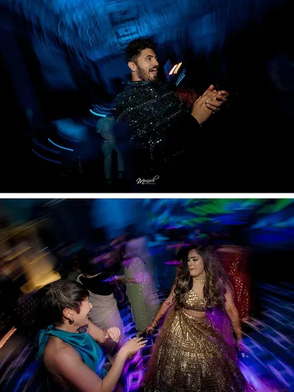 A collage showing the dynamic and energetic atmosphere of the dance floor, with the couple and their guests having a great time.