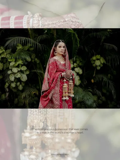 A stunning portrait of a Punjabi bride in her traditional red wedding attire, holding her kalire.