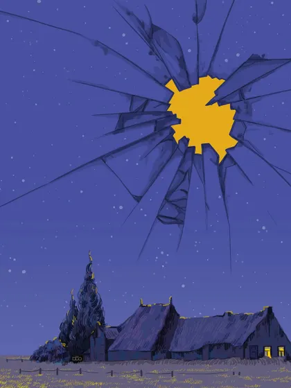 The night sky is shattered like glass, with a brilliant light pouring through the hole. It’s a visual interpretation of Rumi's famous line: "The wound is the place where the Light enters you," suggesting that our breaking points can become sources of illumination.