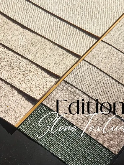 A beautiful display of our 'Edition Stone Texture' collection. This image shows a variety of fabric and stone-like textures in neutral and green tones, perfect for mixing and matching to create a layered, designer look.