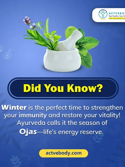 Winter: The Season of Ojas, or Life's Energy. In Ayurveda, winter is seen as the best time to strengthen your immunity and build your 'Ojas', which is our core vitality and energy reserve. My consultations focus on helping you use this season to restore and rejuvenate your body.