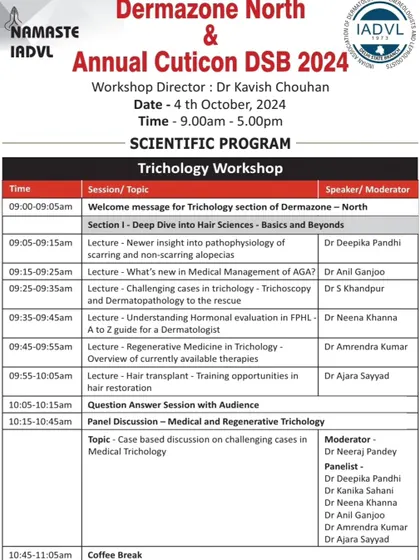 This is the scientific program for the Trichology Workshop at Dermazone North. I helped structure this program to cover a wide range of topics, from the basics of hair science to advanced regenerative medicine.