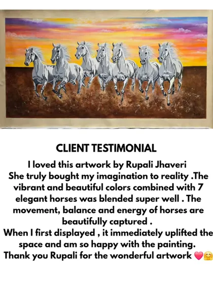 Nothing makes me happier than seeing my art uplift a space. This client testimonial for my 7 elegant horses painting speaks to how the vibrant colors and sense of movement brought their imagination to reality.